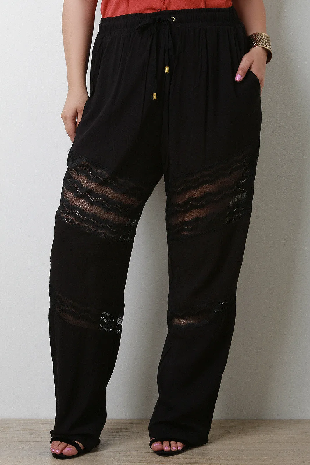 High Waist Lace Insert Wide Leg Pants