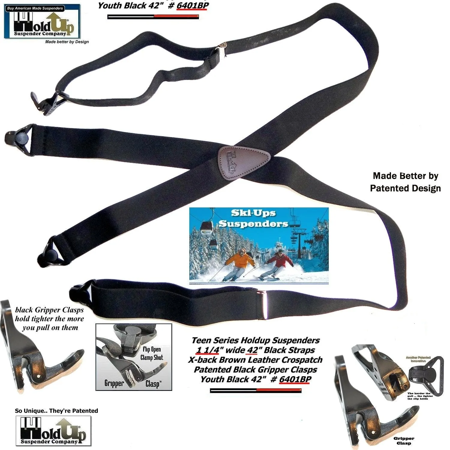 Holdup Black 42" Teen size Black Ski-Ups X-back Suspenders with USA Patented Gripper Clasps