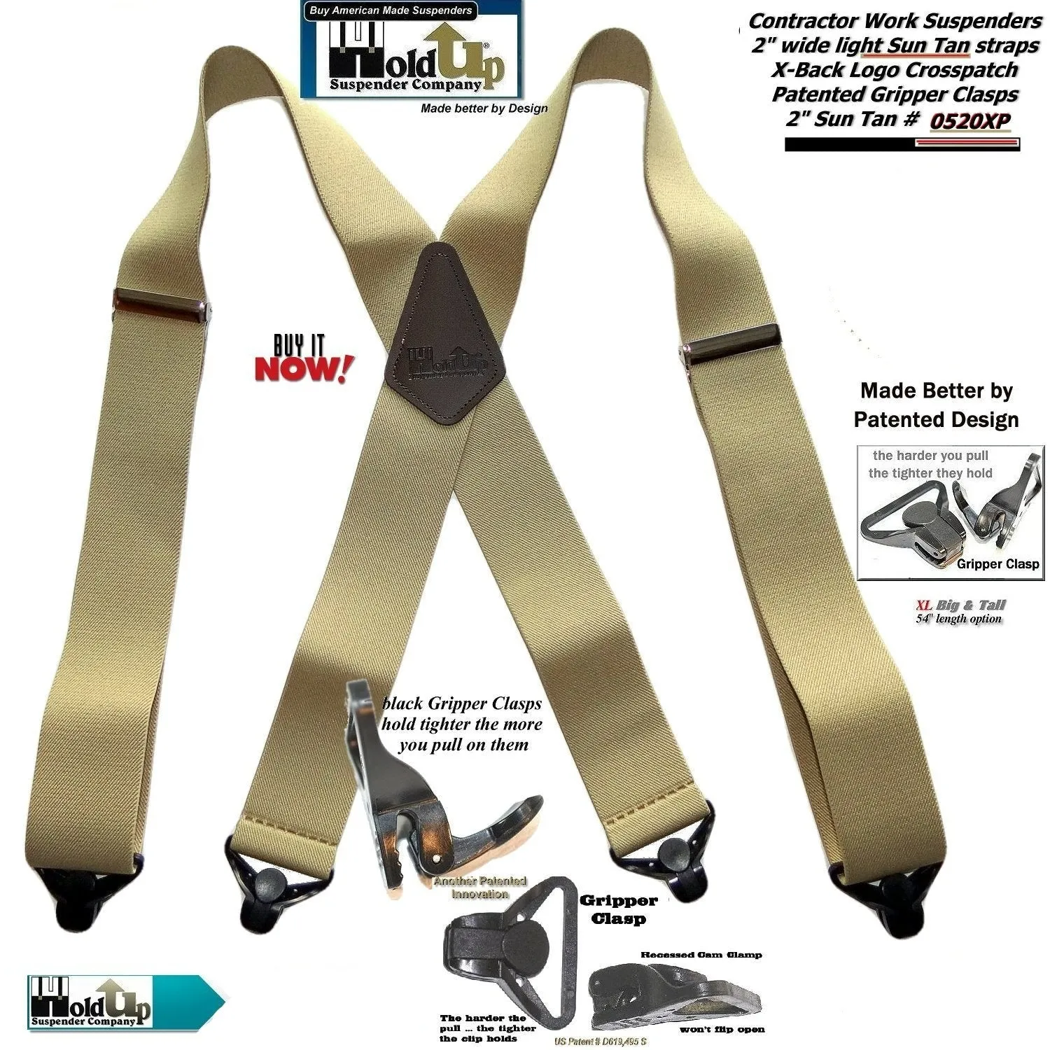 HoldUp Brand 2" Wide Heavy Duty Tan Color Suspenders with black patented black Gripper Clasps