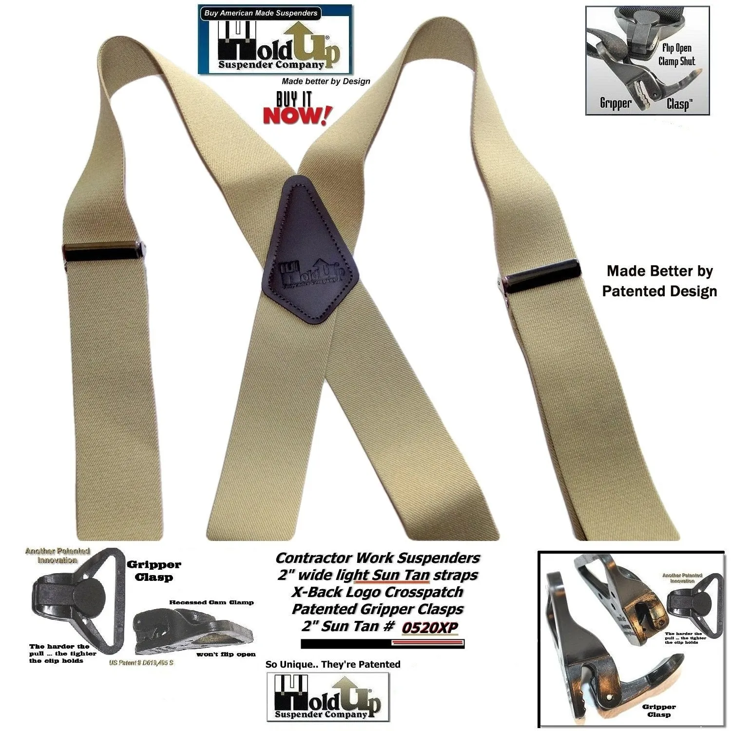 HoldUp Brand 2" Wide Heavy Duty Tan Color Suspenders with black patented black Gripper Clasps