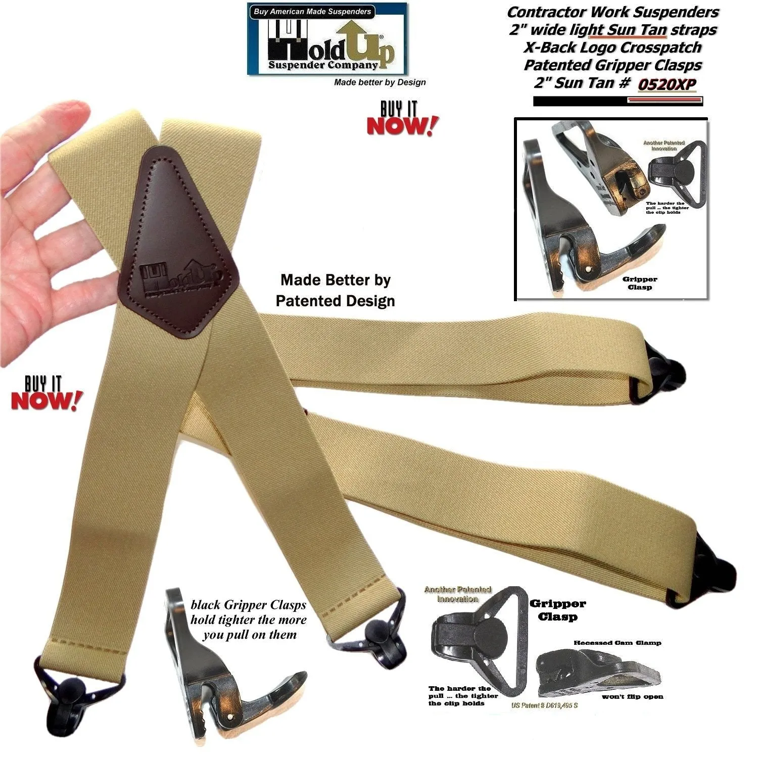 HoldUp Brand 2" Wide Heavy Duty Tan Color Suspenders with black patented black Gripper Clasps