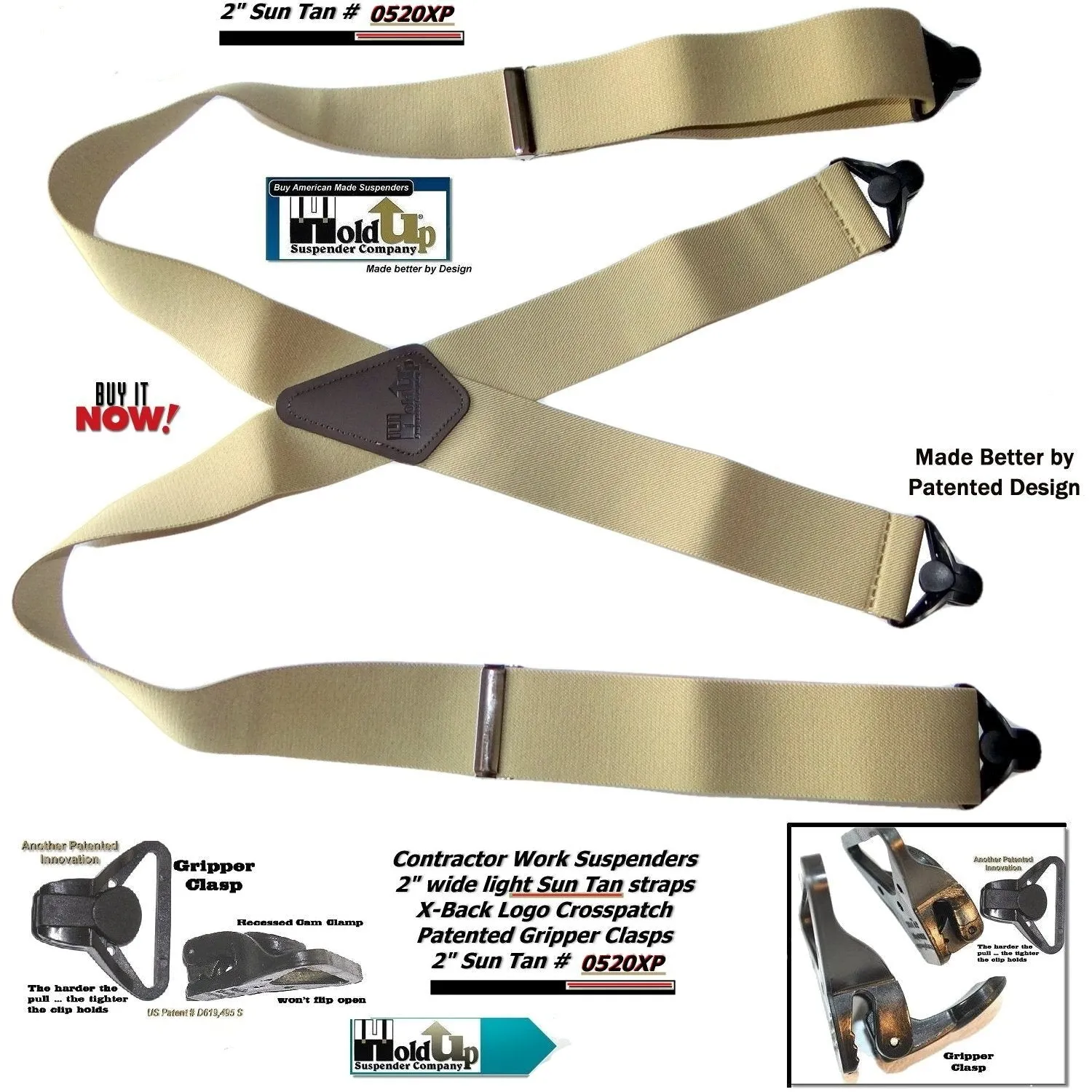 HoldUp Brand 2" Wide Heavy Duty Tan Color Suspenders with black patented black Gripper Clasps