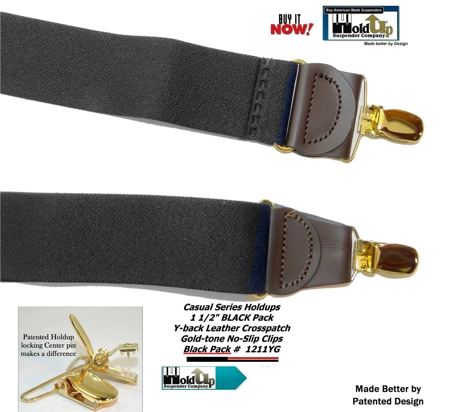 Holdup Brand Black Pack color Casual Series Y-back Suspenders with USA patented no-slip  Clips