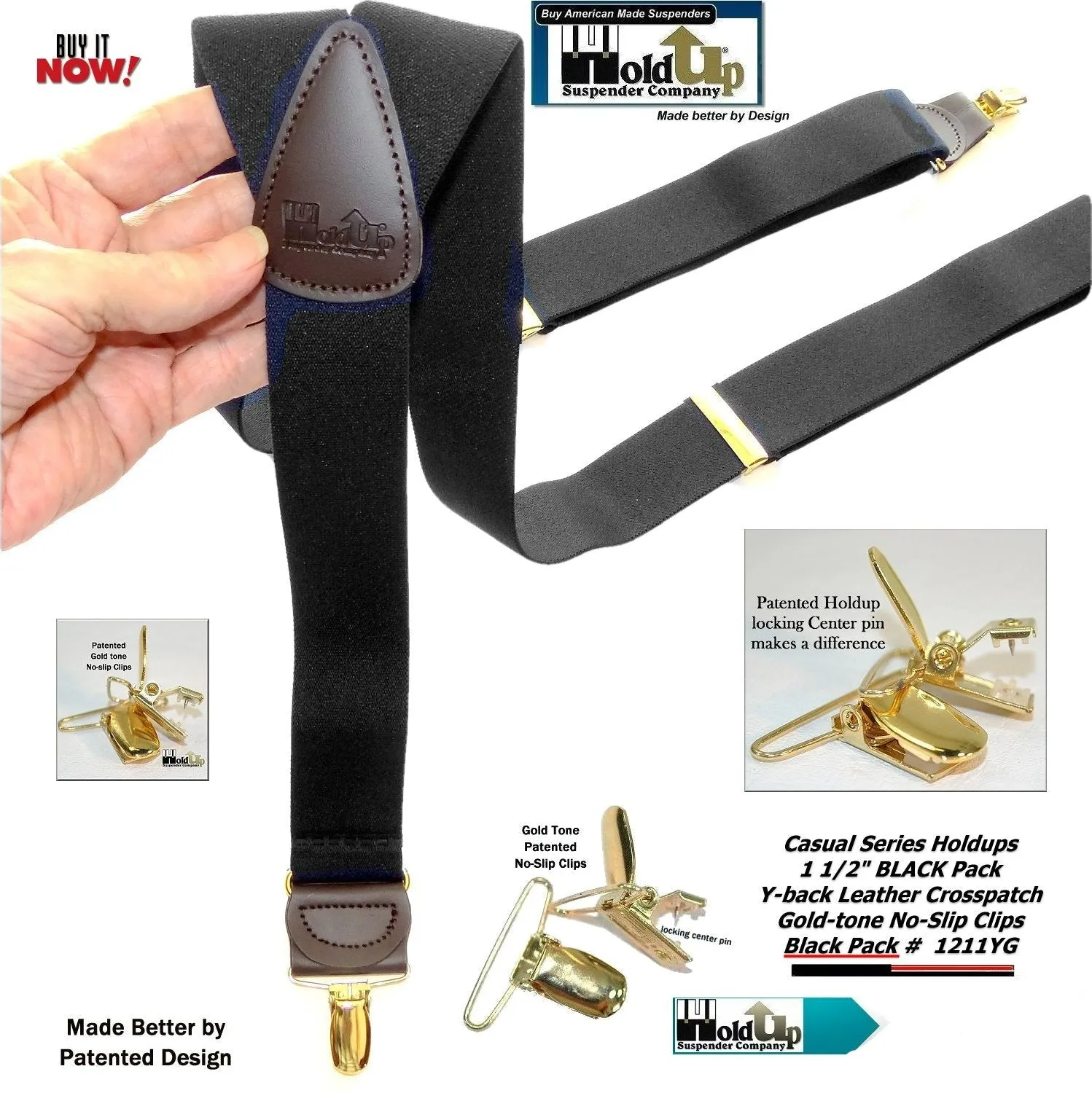 Holdup Brand Black Pack color Casual Series Y-back Suspenders with USA patented no-slip  Clips