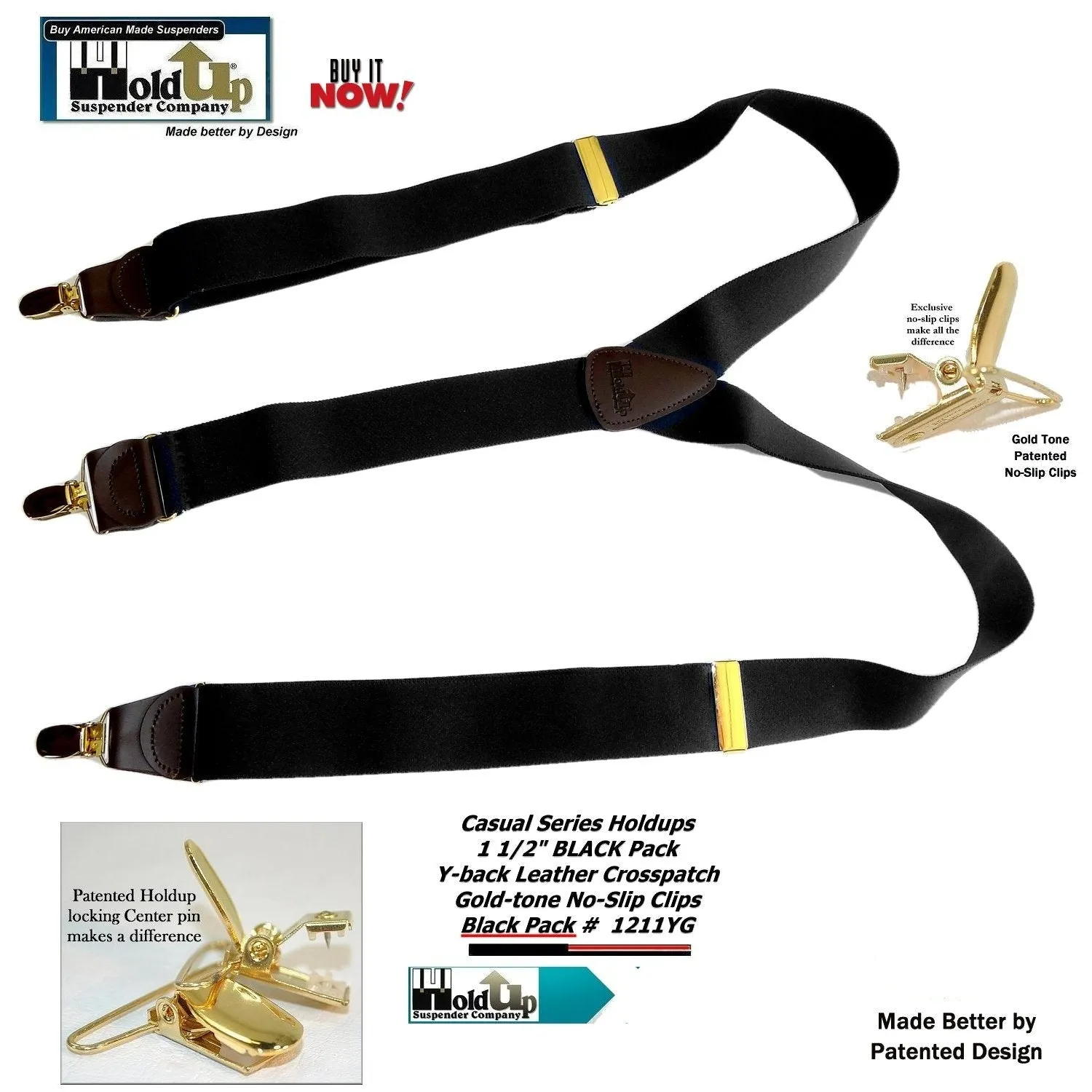 Holdup Brand Black Pack color Casual Series Y-back Suspenders with USA patented no-slip  Clips