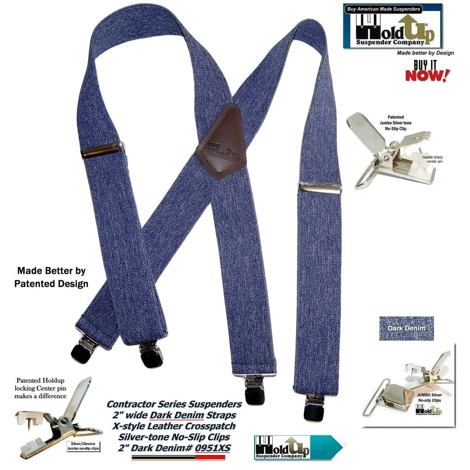 Holdup Brand Heavy Duty Dark Denim Work Suspenders with USA Patented Silver Tone no-slip clips