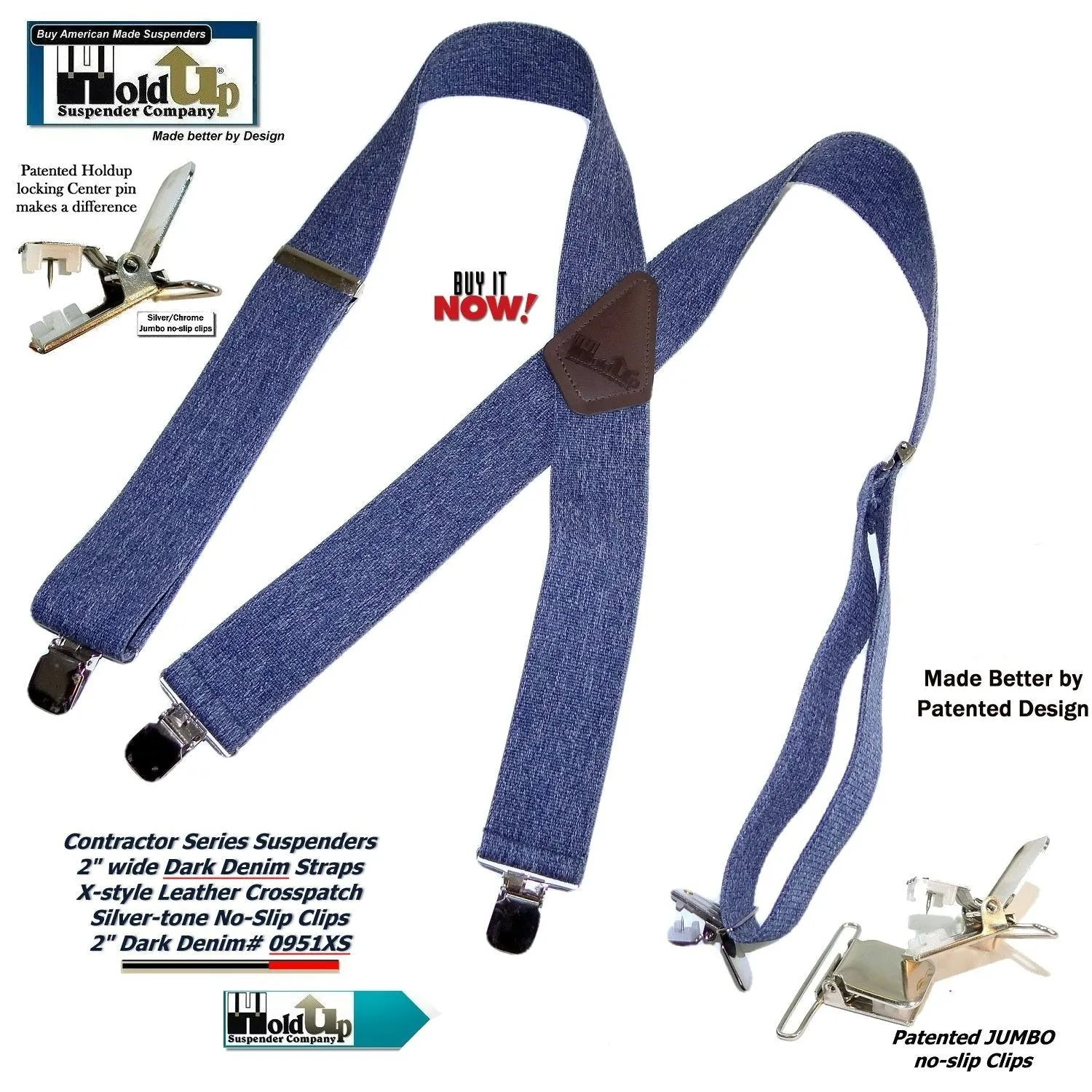 Holdup Brand Heavy Duty Dark Denim Work Suspenders with USA Patented Silver Tone no-slip clips