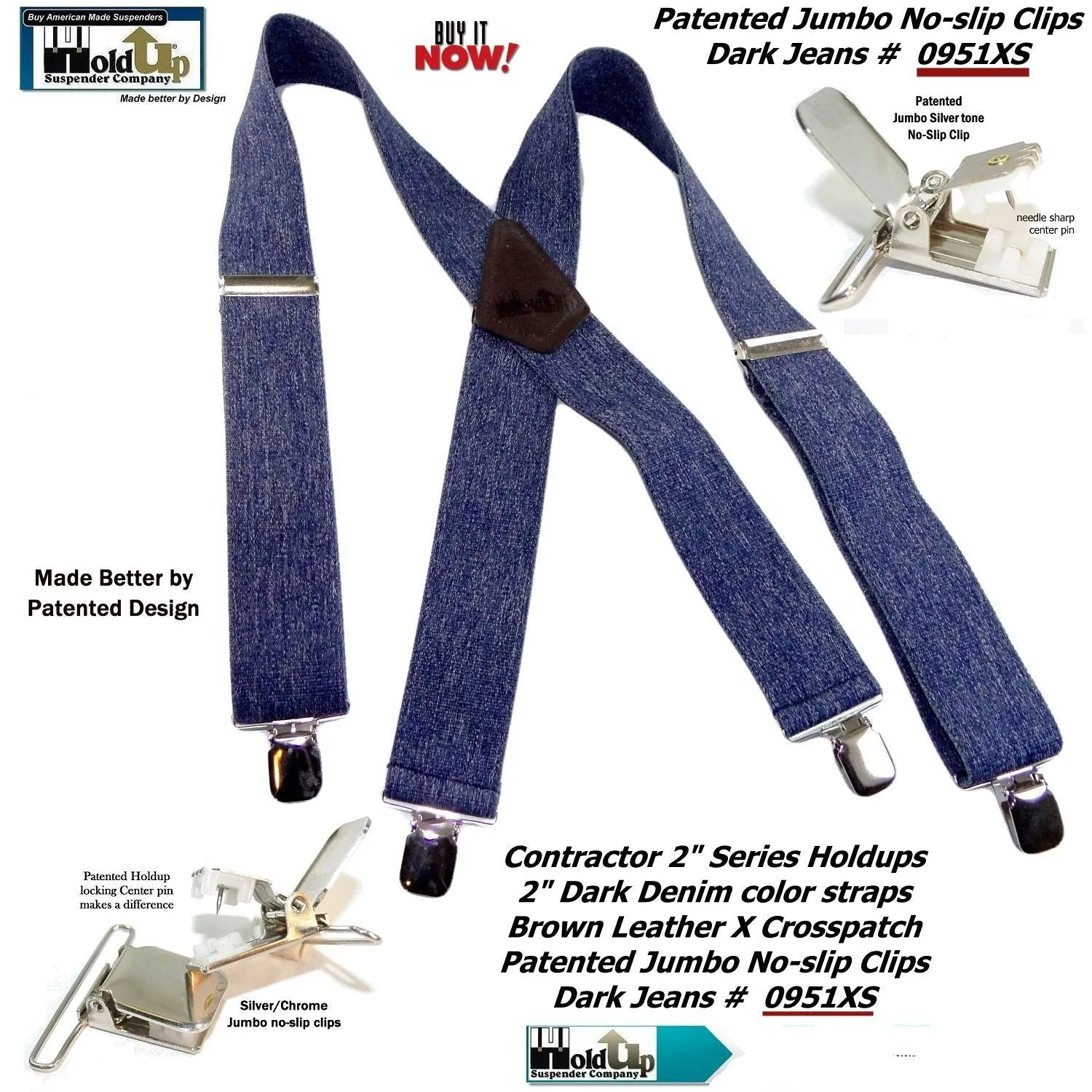 Holdup Brand Heavy Duty Dark Denim Work Suspenders with USA Patented Silver Tone no-slip clips