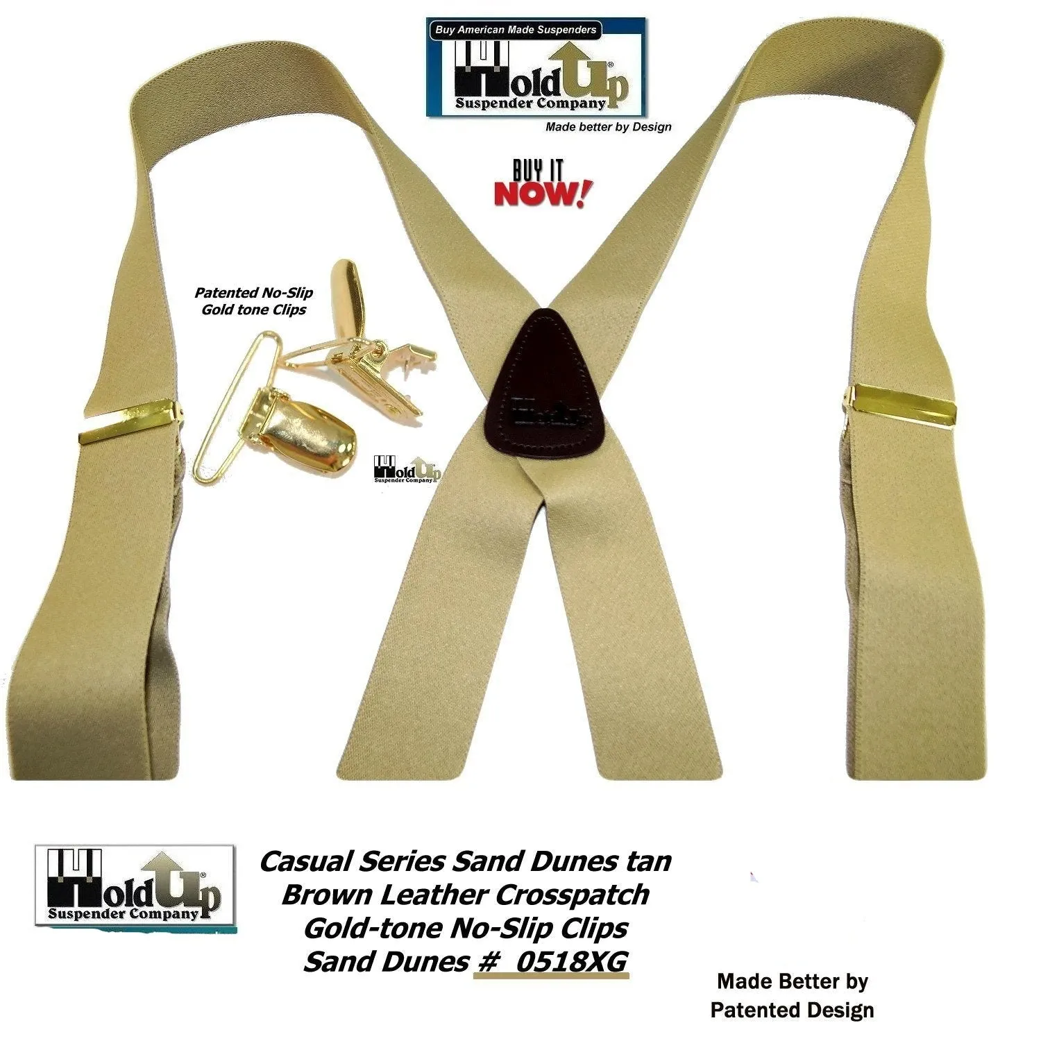 HoldUp Casual Series Sand Dunes Tan 1 1/2" wide Suspenders in X-back with USA Patented No-slip Gold-tone Clips