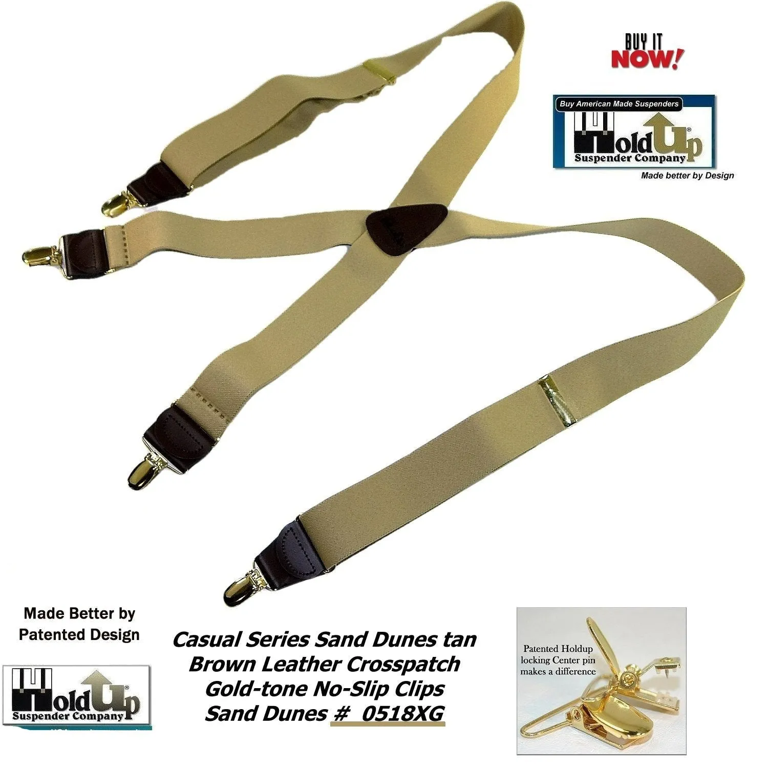 HoldUp Casual Series Sand Dunes Tan 1 1/2" wide Suspenders in X-back with USA Patented No-slip Gold-tone Clips