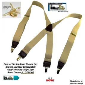 HoldUp Casual Series Sand Dunes Tan 1 1/2" wide Suspenders in X-back with USA Patented No-slip Gold-tone Clips