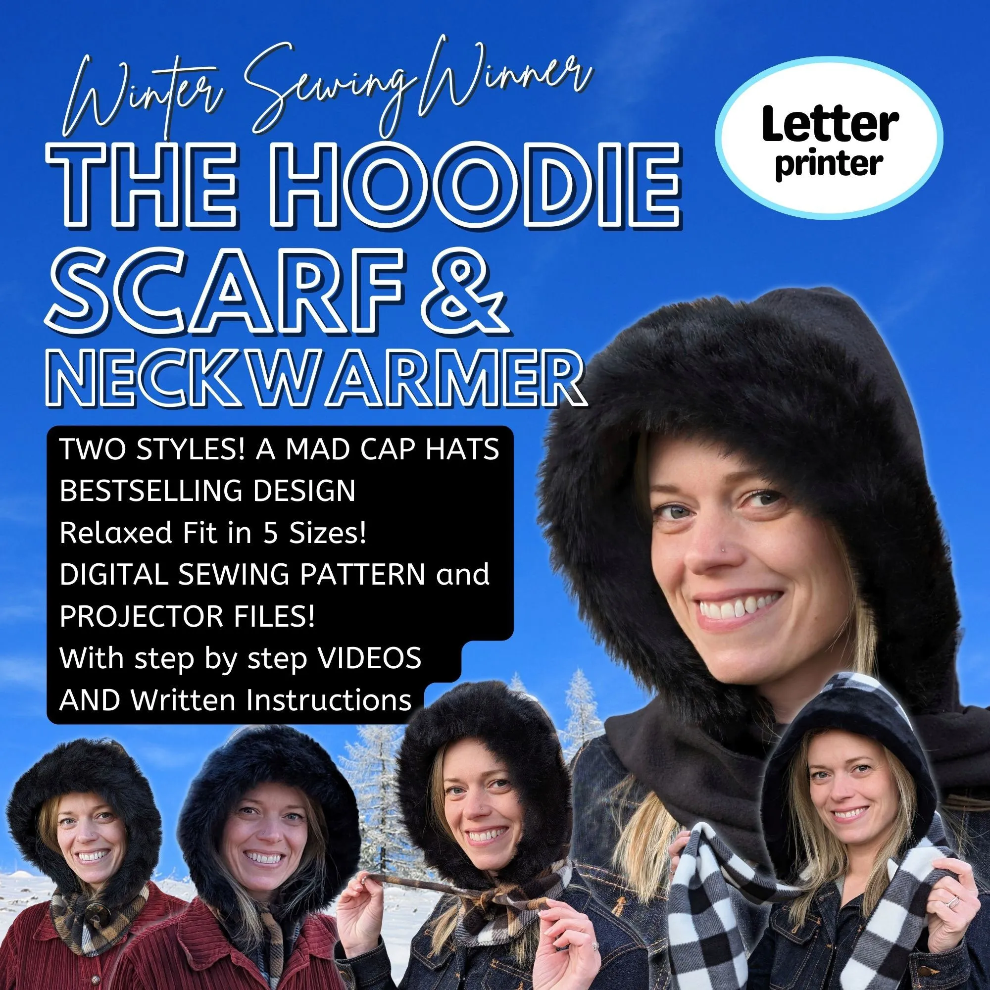 Hoodie Scarf and Neckwarmer, sewing pattern and instructions, digital files for printer and projector