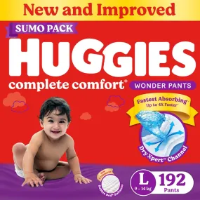 Huggies Complete Comfort Wonder Pants Large (L) Size (9-14 Kgs) Baby Diaper Pants, 192 count, India's Fastest Absorbing Diaper with upto 4x faster absorption, Unique Dry Xpert Channel