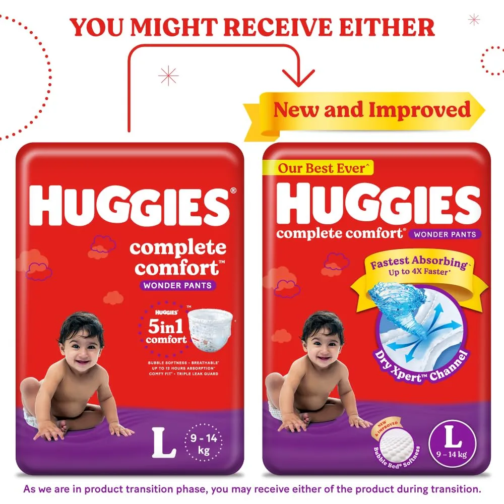 Huggies Complete Comfort Wonder Pants Large (L) Size (9-14 Kgs) Baby Diaper Pants, 192 count, India's Fastest Absorbing Diaper with upto 4x faster absorption, Unique Dry Xpert Channel