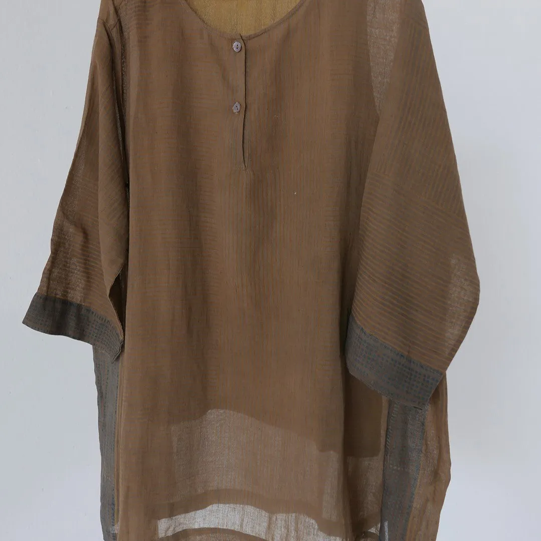 India, Indigene, Kimono Placket tunic w/ under slip (Ochre stripes)