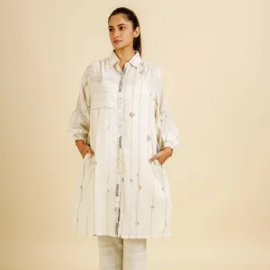 India, Karomi Crafts & Textiles, Off-White Random Diamond Patchworked Placket Shirt Dress/Tunic