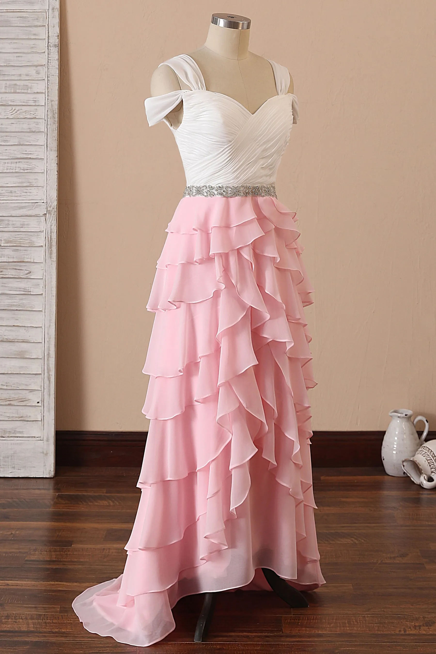 Ivory Pleated Chiffon Pink Ruffled Two-tone Dress