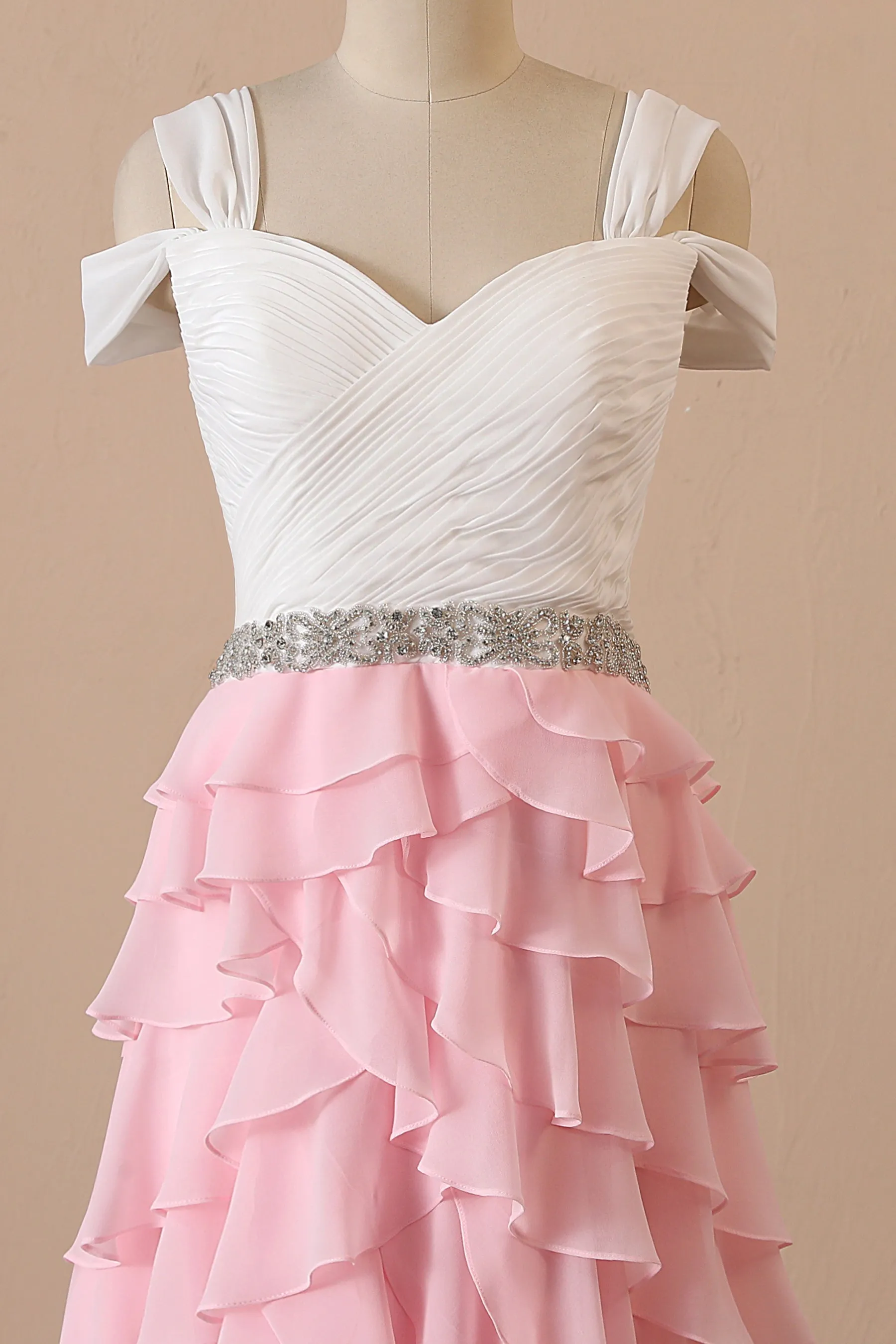 Ivory Pleated Chiffon Pink Ruffled Two-tone Dress