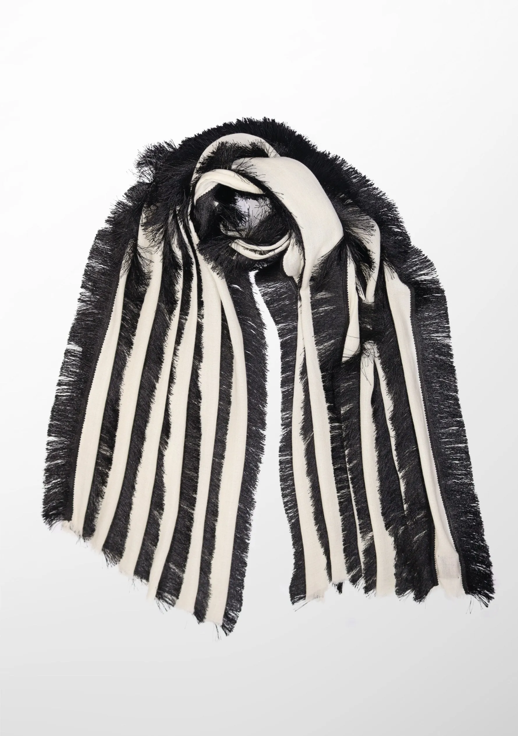 Ivory Wool and Silk Scarf with Black Fringe Panels