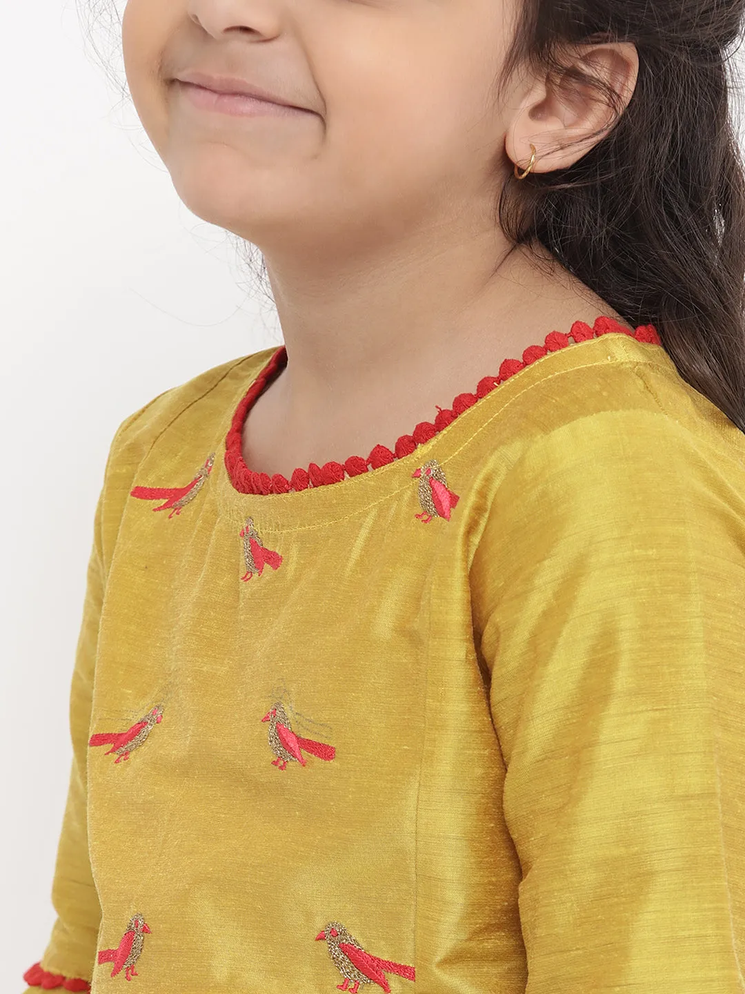 Jashvi Girls Yellow Embroidered Kurti with Skirt