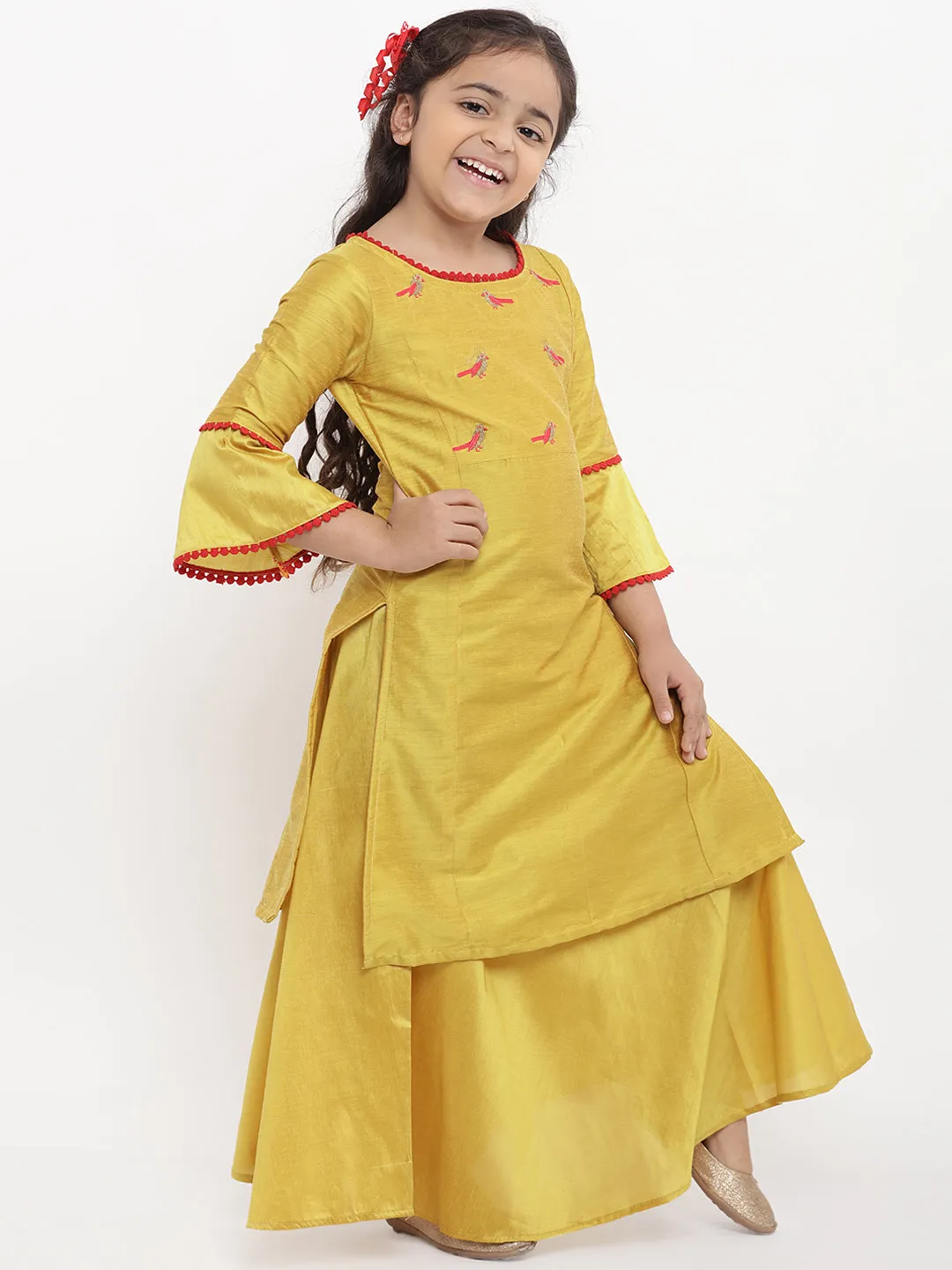 Jashvi Girls Yellow Embroidered Kurti with Skirt