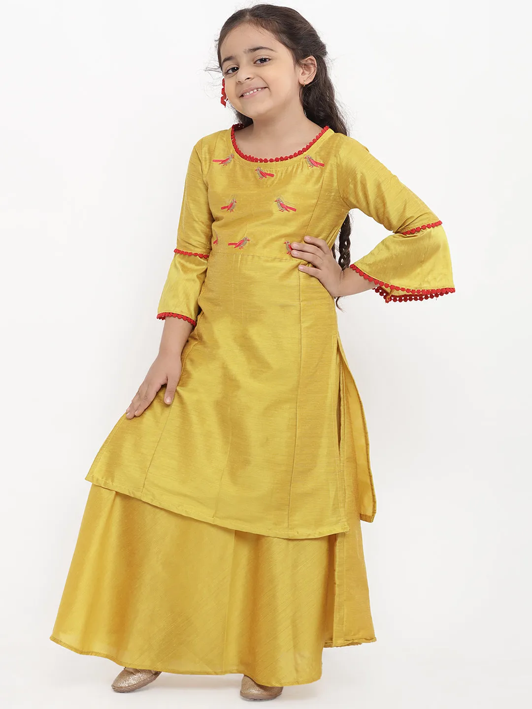 Jashvi Girls Yellow Embroidered Kurti with Skirt