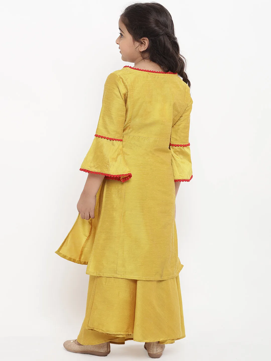 Jashvi Girls Yellow Embroidered Kurti with Skirt