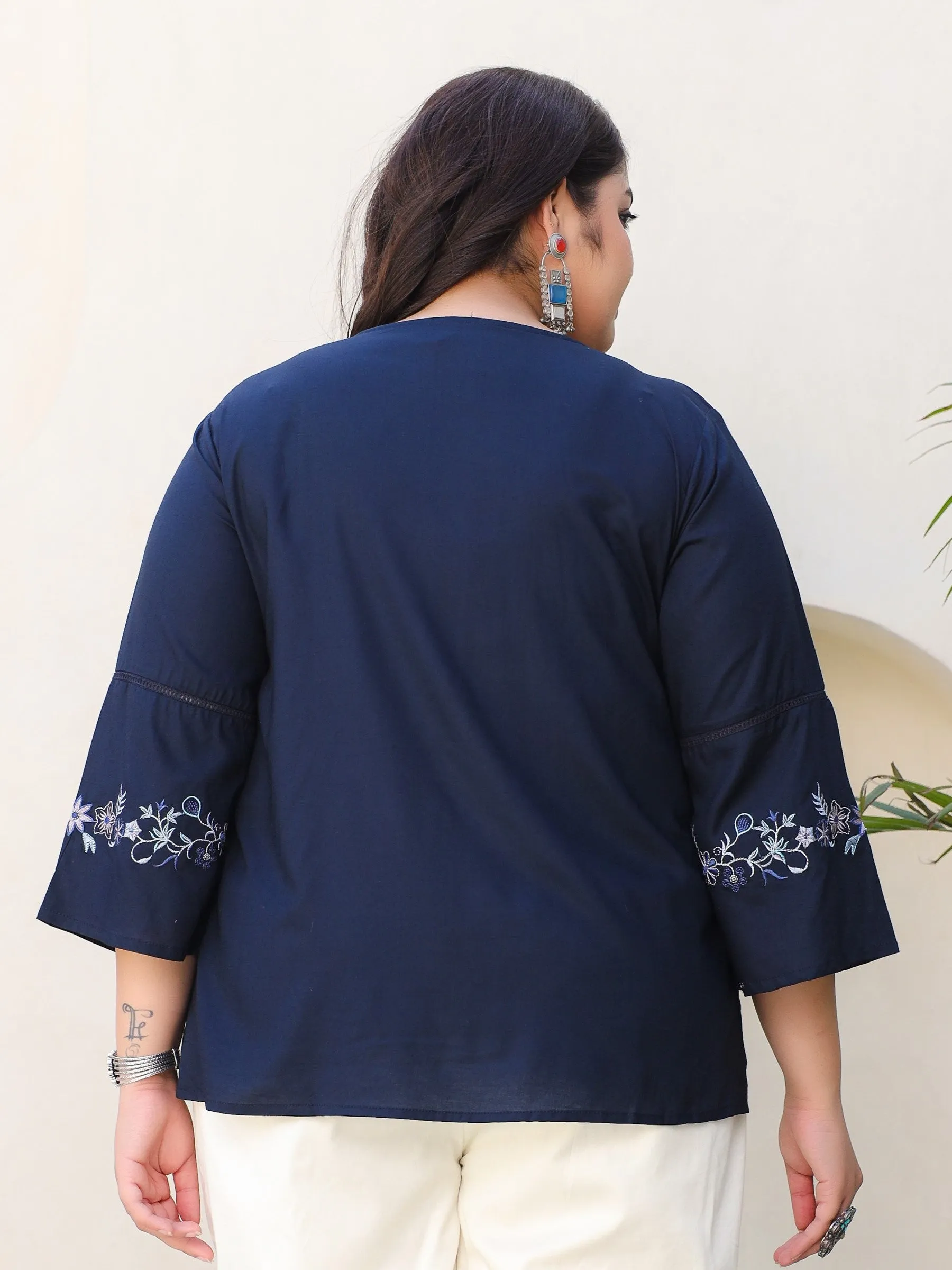 Jashvi Navy Blue Modal Rayon Floral Embroidered Plus Size Tunic With Pintucks At Front