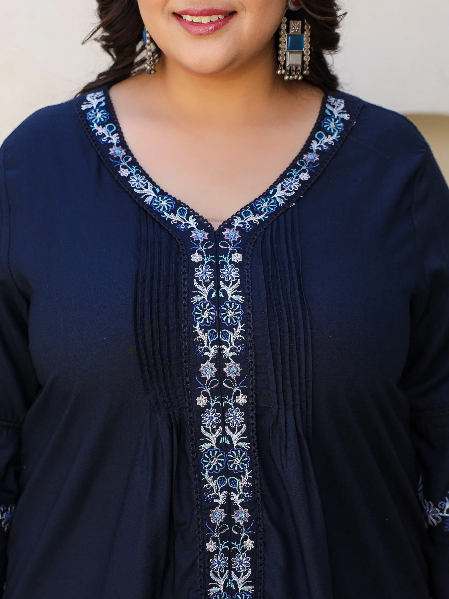 Jashvi Navy Blue Modal Rayon Floral Embroidered Plus Size Tunic With Pintucks At Front