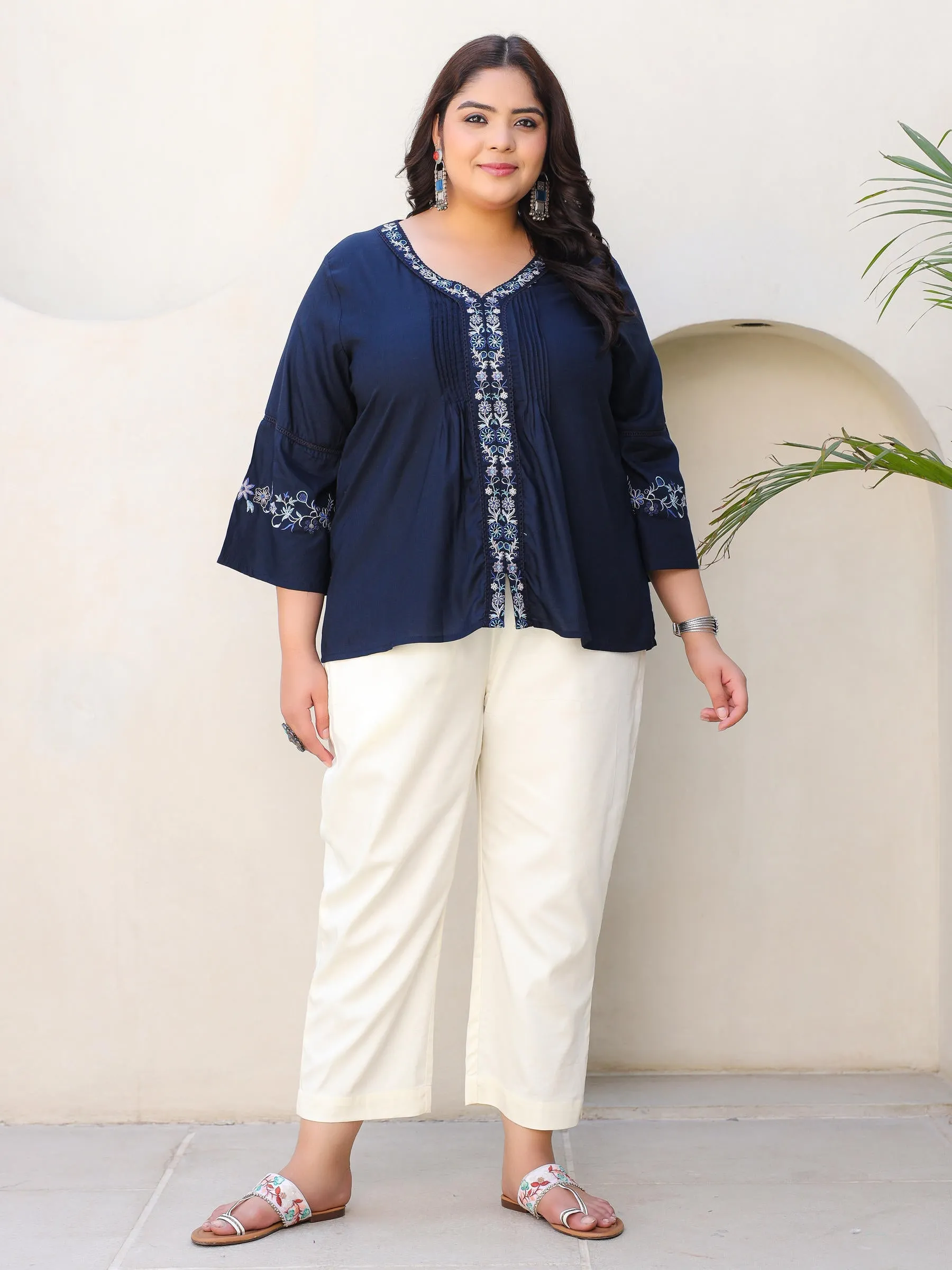 Jashvi Navy Blue Modal Rayon Floral Embroidered Plus Size Tunic With Pintucks At Front