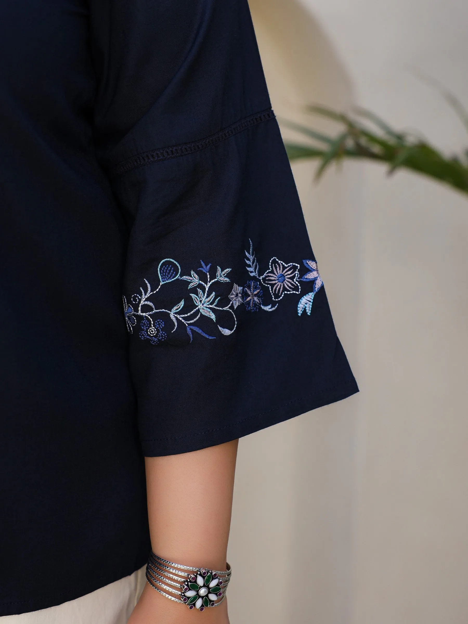 Jashvi Navy Blue Modal Rayon Floral Embroidered Plus Size Tunic With Pintucks At Front