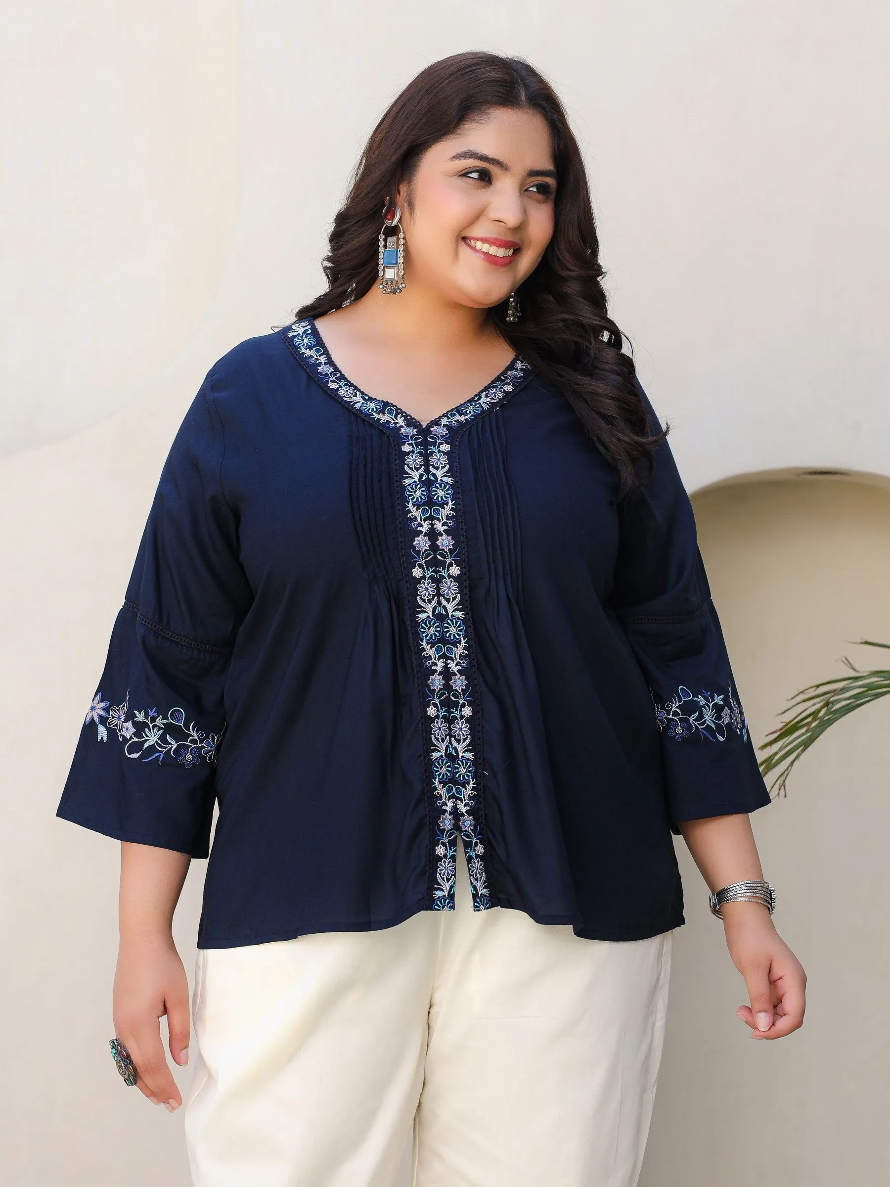 Jashvi Navy Blue Modal Rayon Floral Embroidered Plus Size Tunic With Pintucks At Front