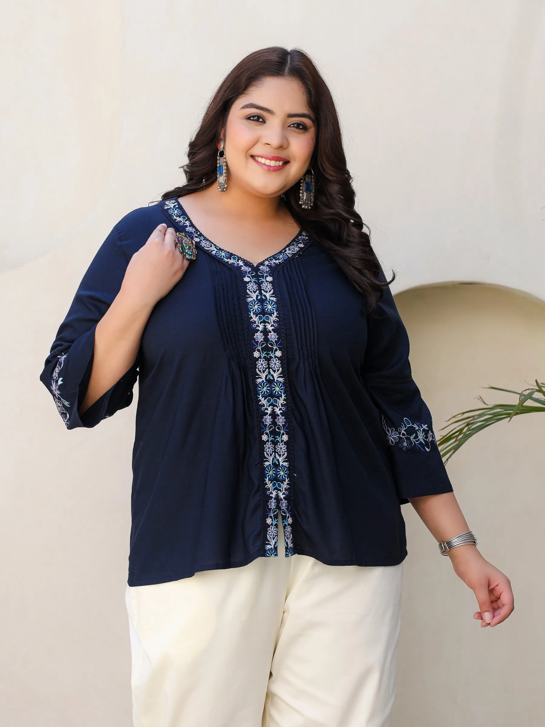 Jashvi Navy Blue Modal Rayon Floral Embroidered Plus Size Tunic With Pintucks At Front