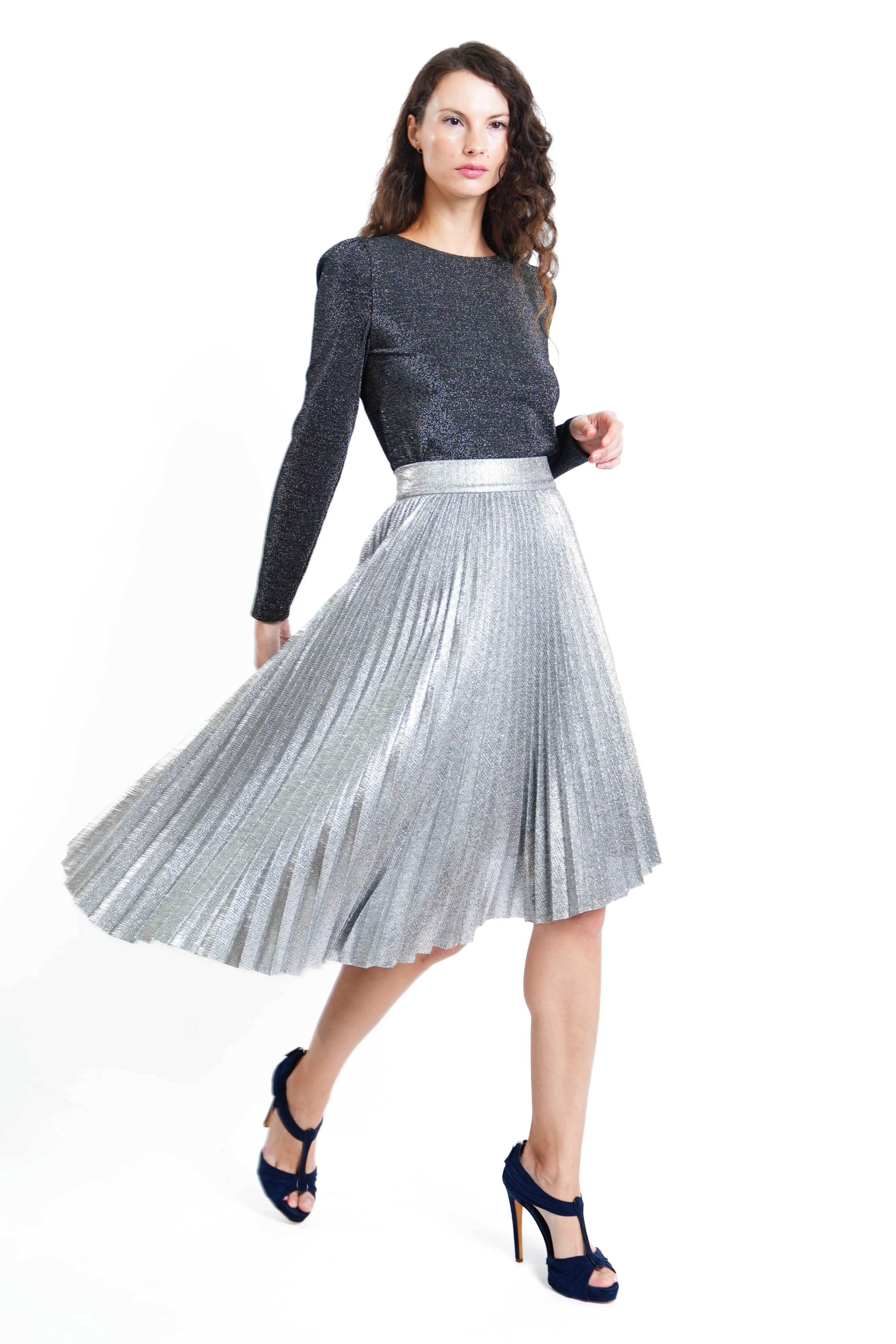 Jovene Metallic Jacquard Asymmetric Pleated Skirt