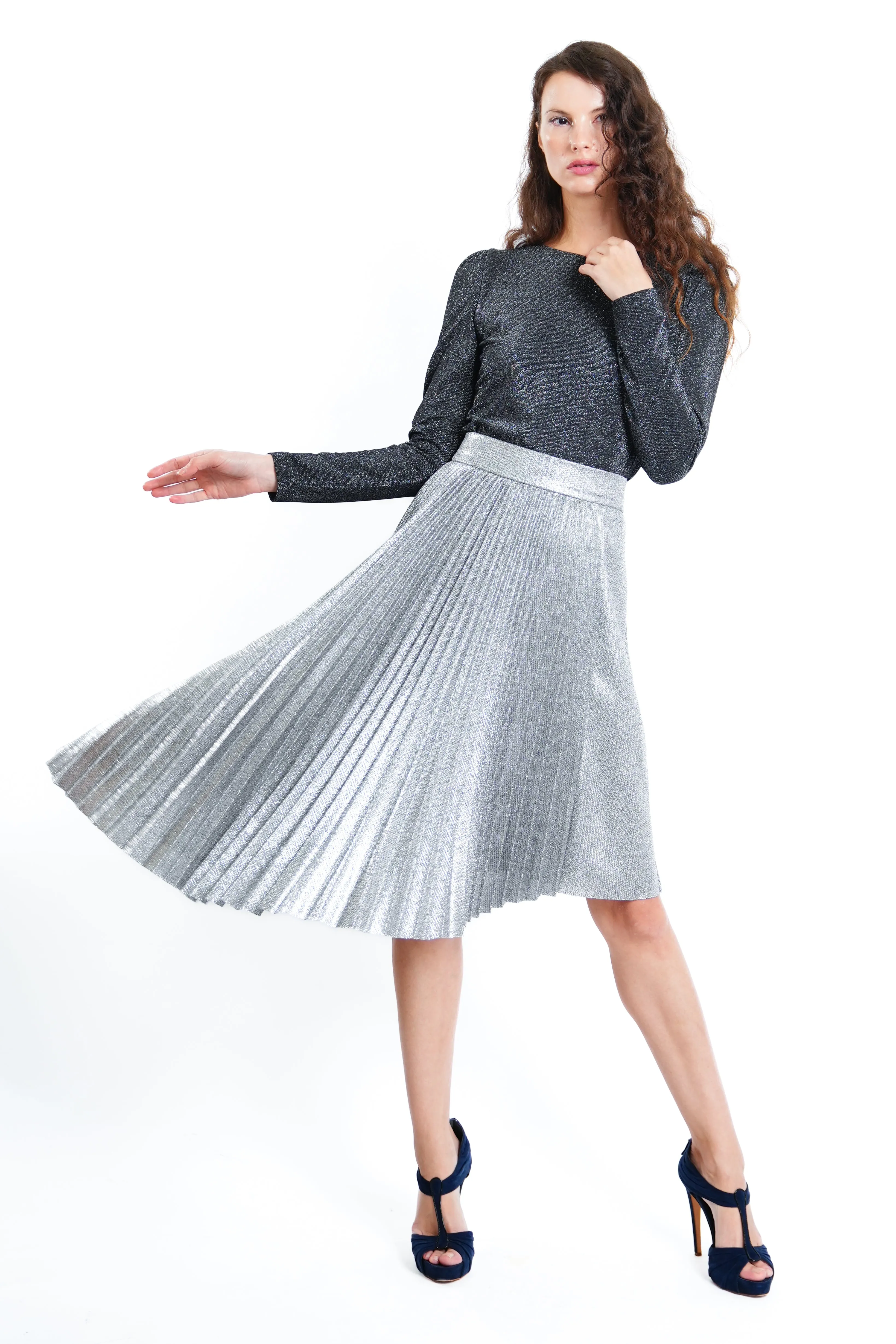 Jovene Metallic Jacquard Asymmetric Pleated Skirt