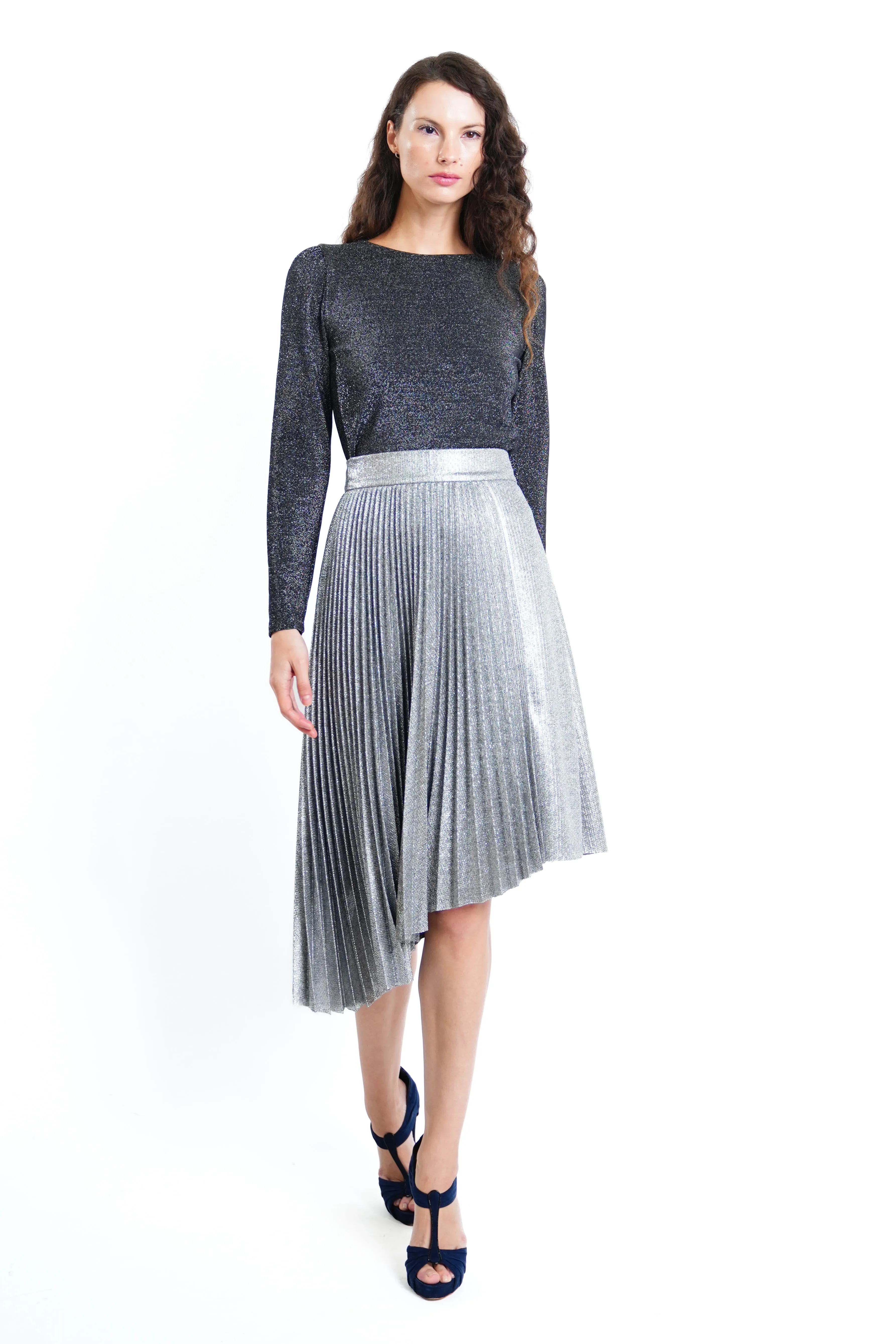 Jovene Metallic Jacquard Asymmetric Pleated Skirt