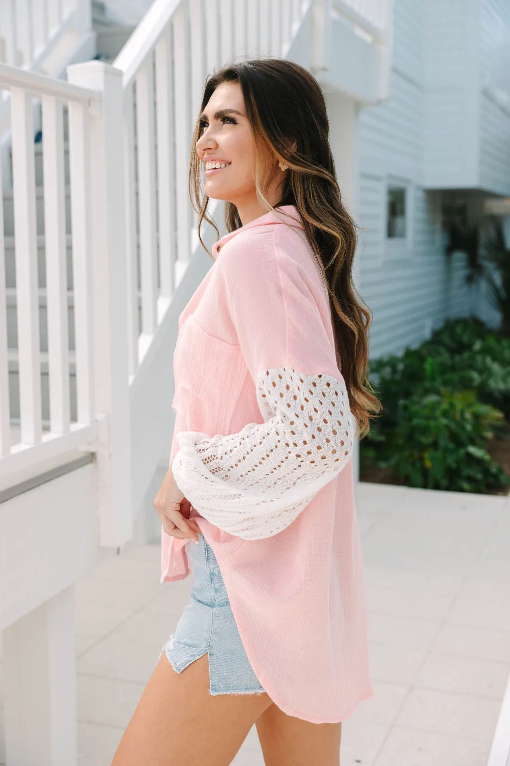 Keep Shining Pink and Cream Color Block Crochet Sleeve Gauze Shacket