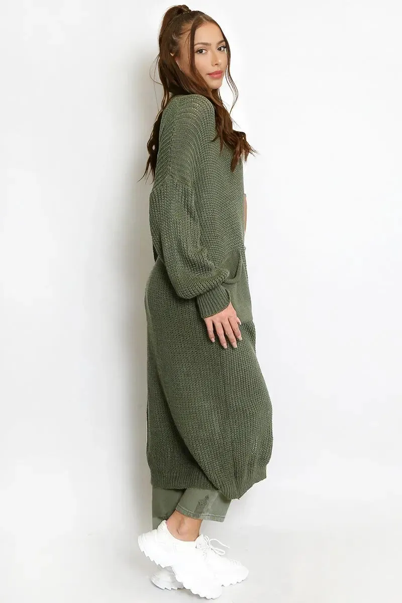 Khaki Casual Knit Puff Sleeve Loose Cardigan