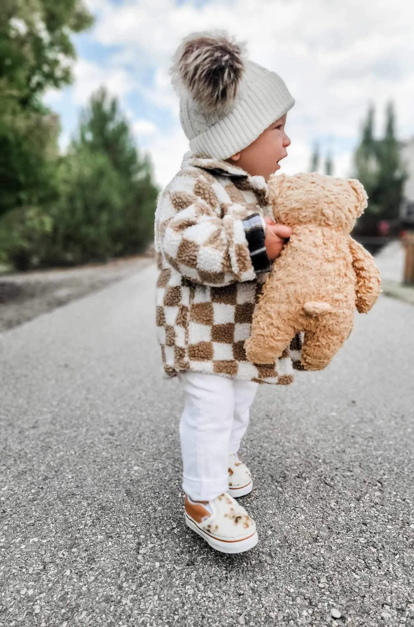 Kids Teddy Plush Beige Check Shacket