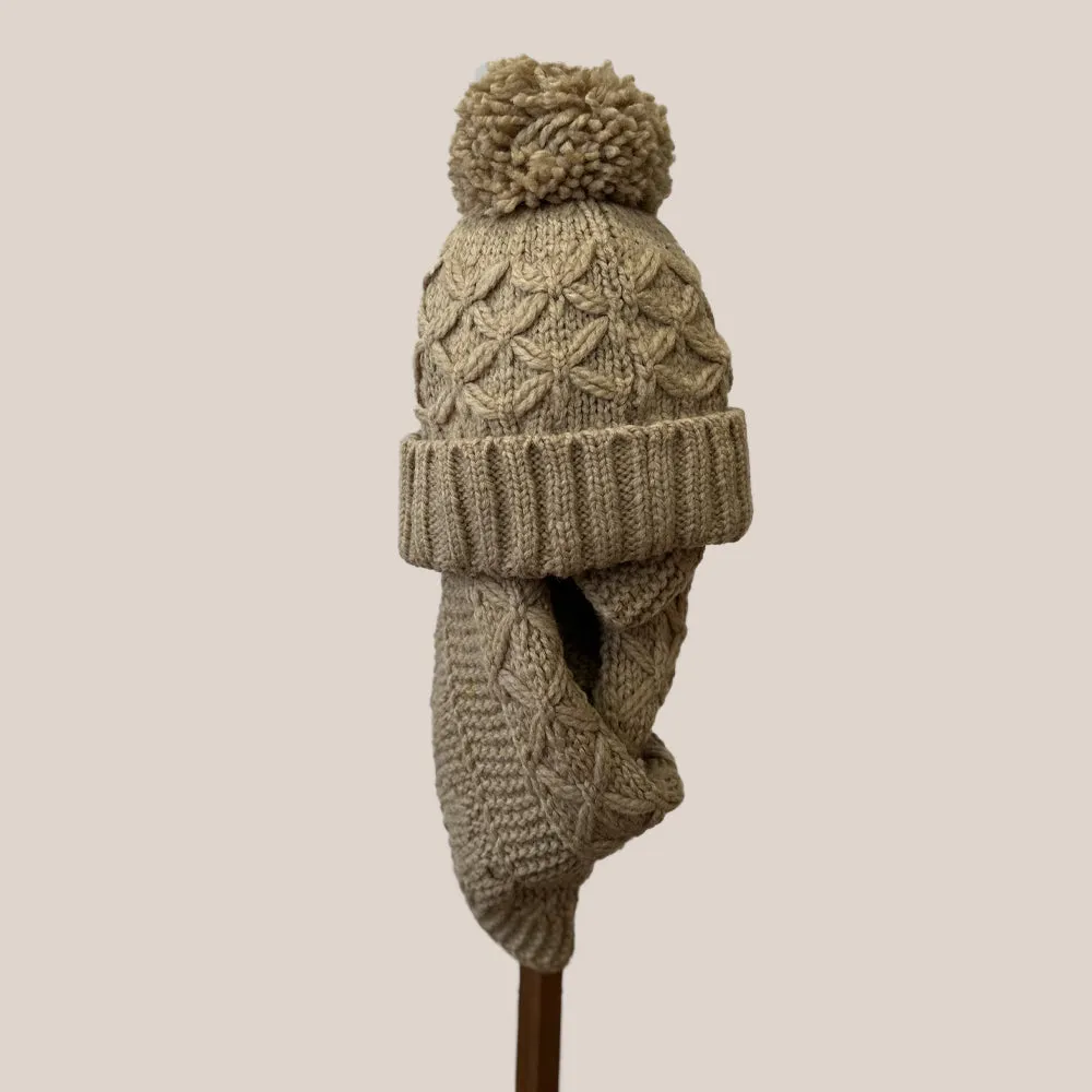 Knit Beanie Turn-Up With Yarn Pompon In Cable Structure