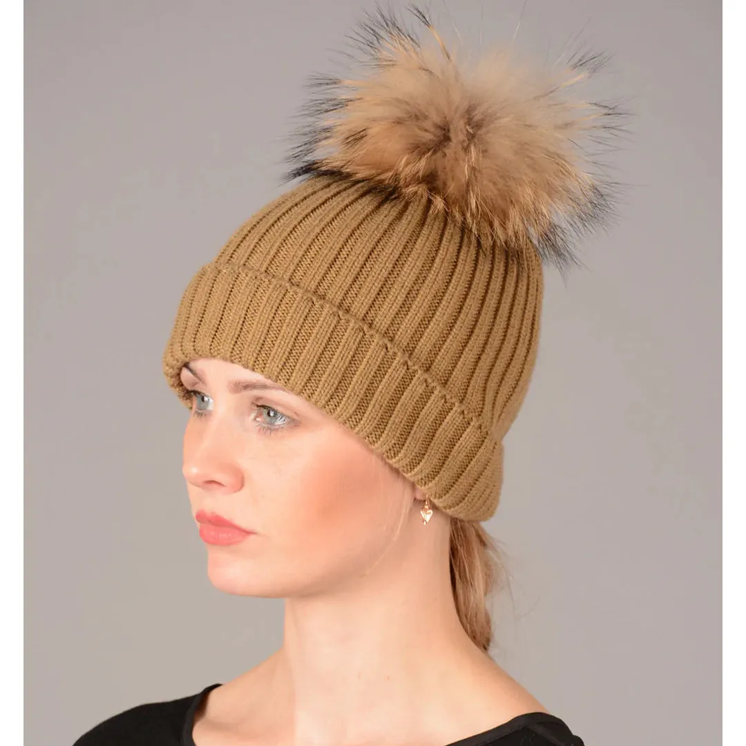 Knitted Fur Pom Pom Hat Mocha by Jayley