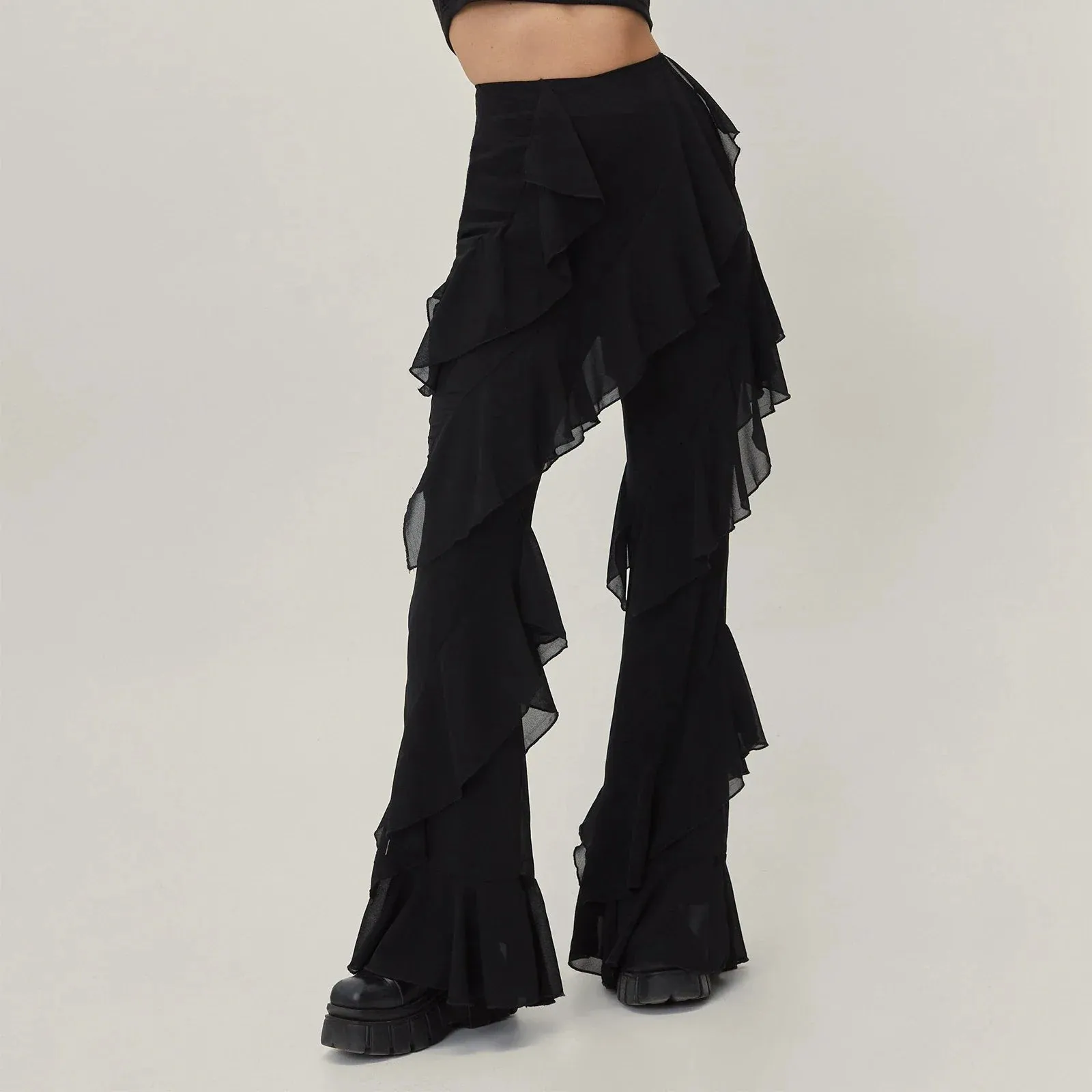 Lace Ruffle Casual High Elastic Solid Wide Daily Party Streetwear Fashion Pants