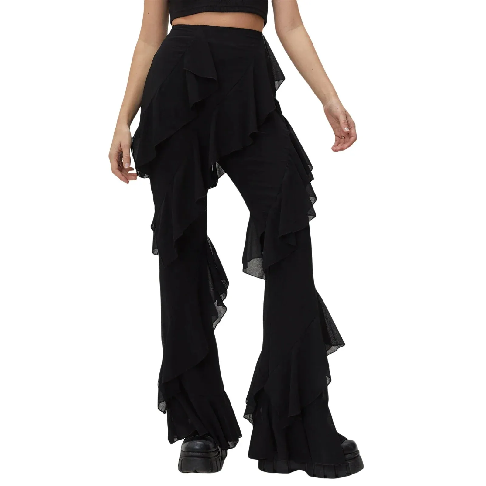 Lace Ruffle Casual High Elastic Solid Wide Daily Party Streetwear Fashion Pants