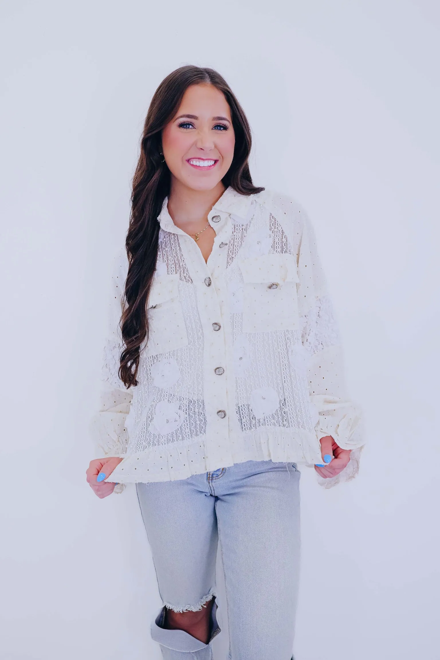 Laced In Pearls Ruffle Shacket by POL - 2 Colors