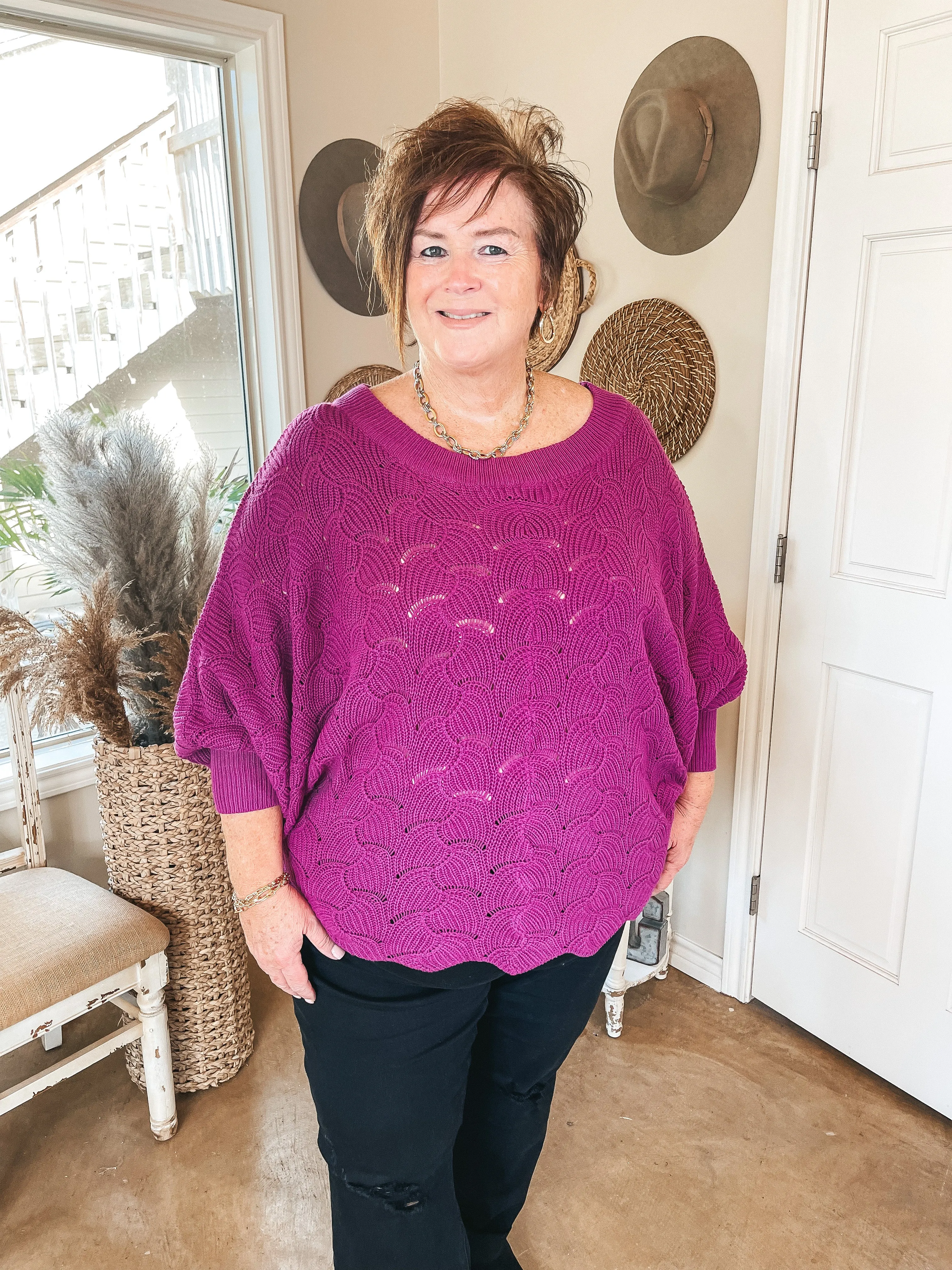 Last Chance Size Small & 1XL |So Agreeable Knit Dolman Sweater with Scalloped Hemline in Magenta