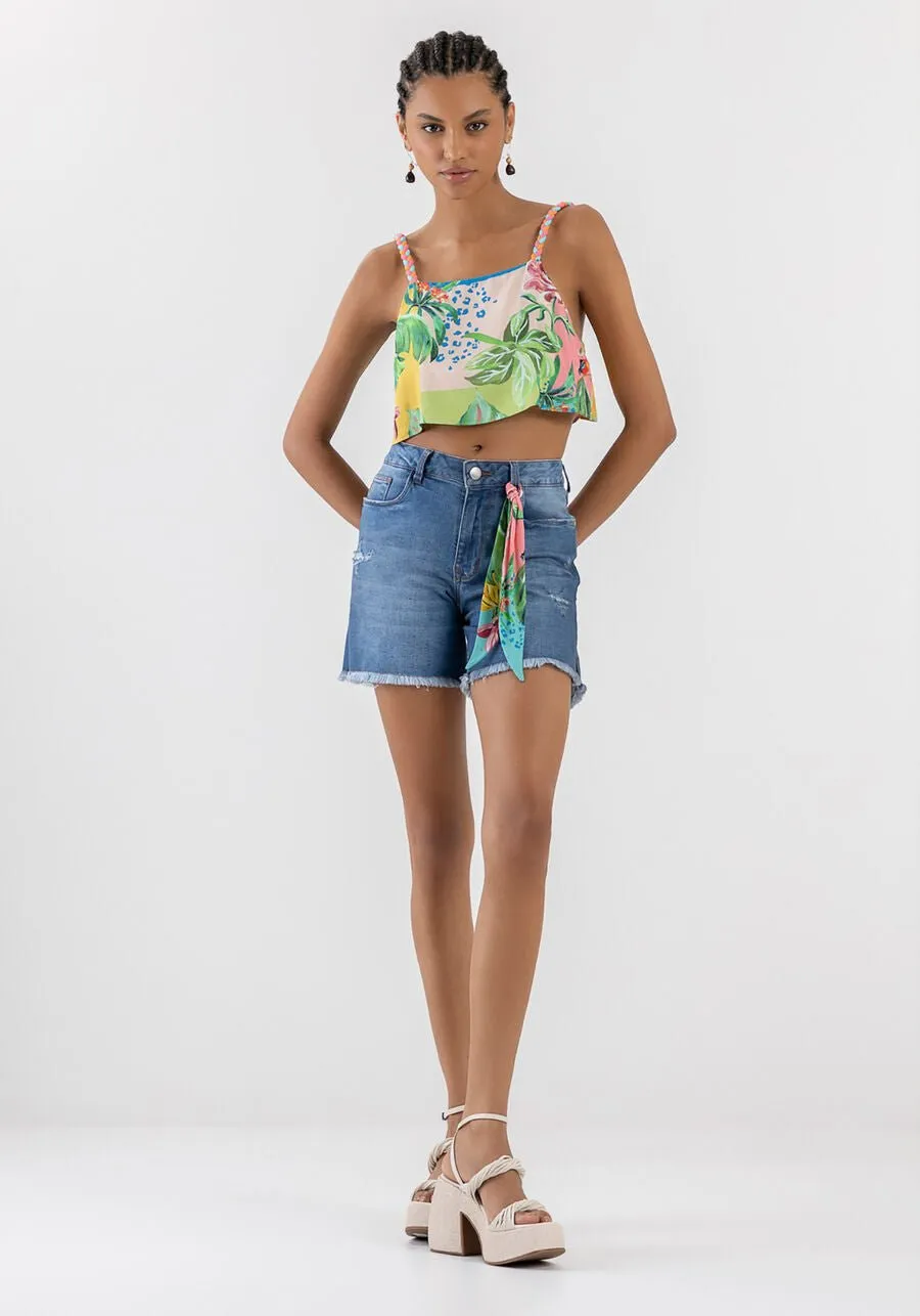 LEZ A LEZ - Skinny Denim Shorts With Printed Scarf - 7194L - FINAL SALE