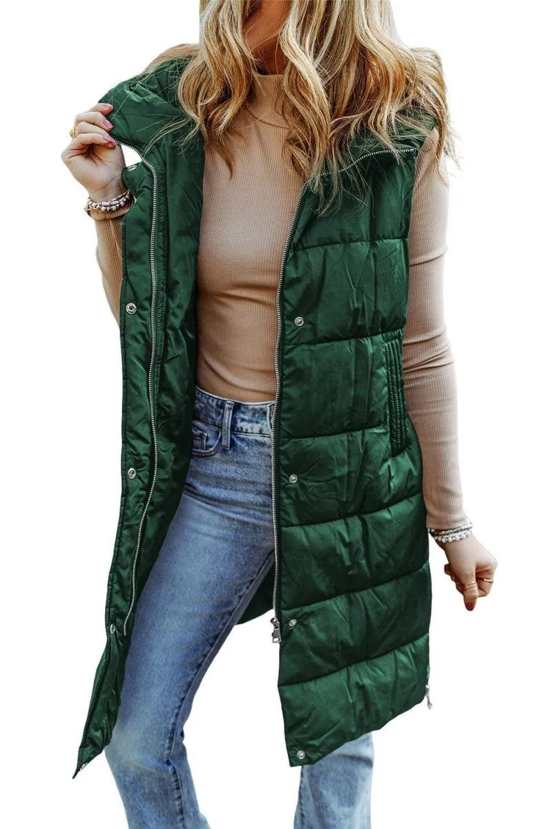 Long Green Hooded Vest Quilted Coat