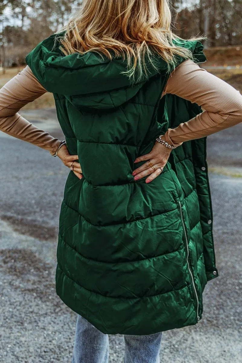 Long Green Hooded Vest Quilted Coat