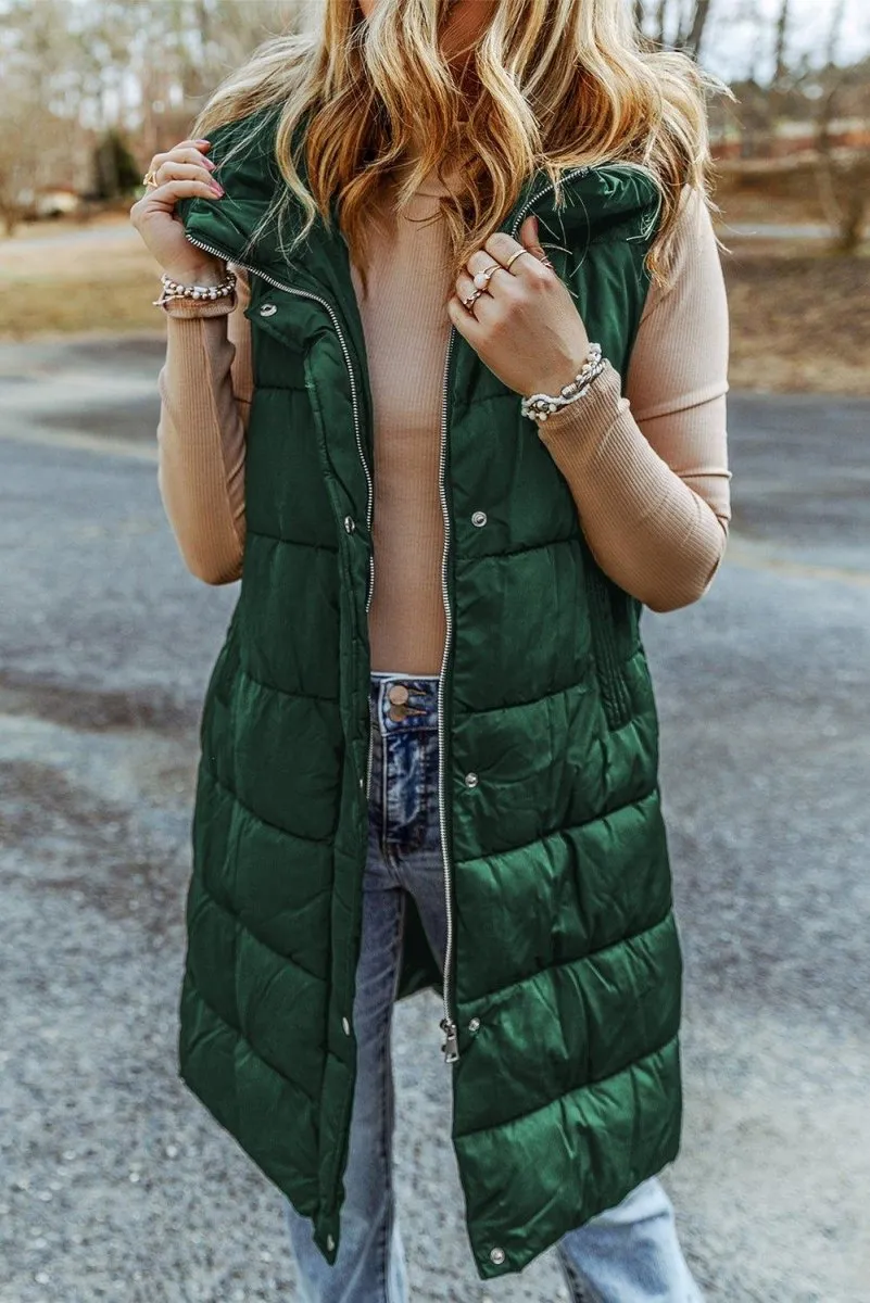 Long Green Hooded Vest Quilted Coat