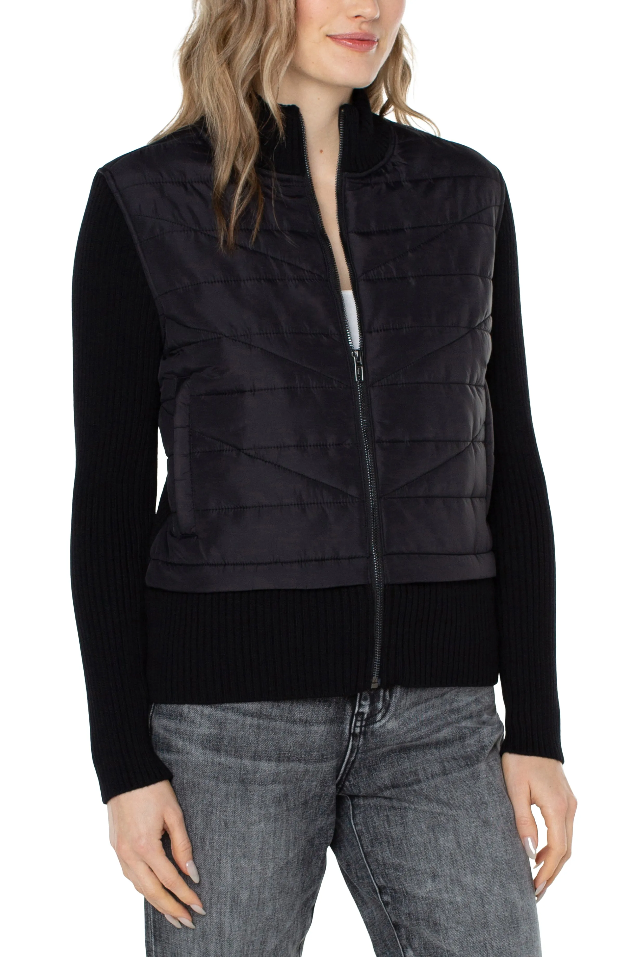 Long Sleeve Quilted Front Full Zip Sweater - Black